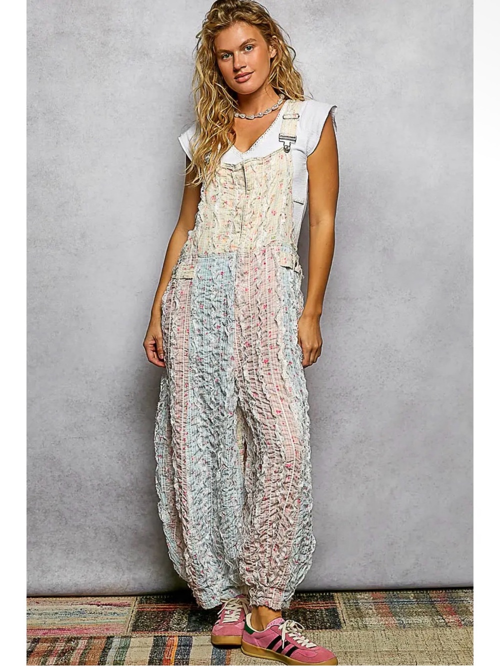 POL Pastel Multicolor Crinkled Cotton Overalls